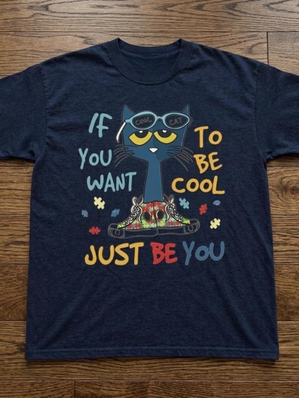 Gildan Navy 'Just Be You' Colorful Cat Graphic Tee